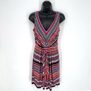 Betsey Johnson V-Neck Sleeveless Dress Sz 2 Pink Multi Striped Front Sash Zipper